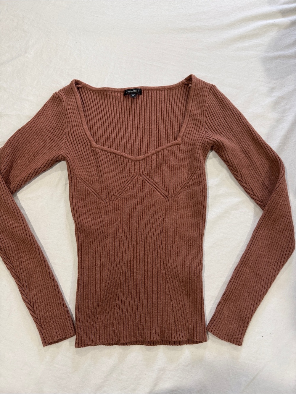 Dynamite Ribbed Square-Neck Long Sleeve Top — Rust